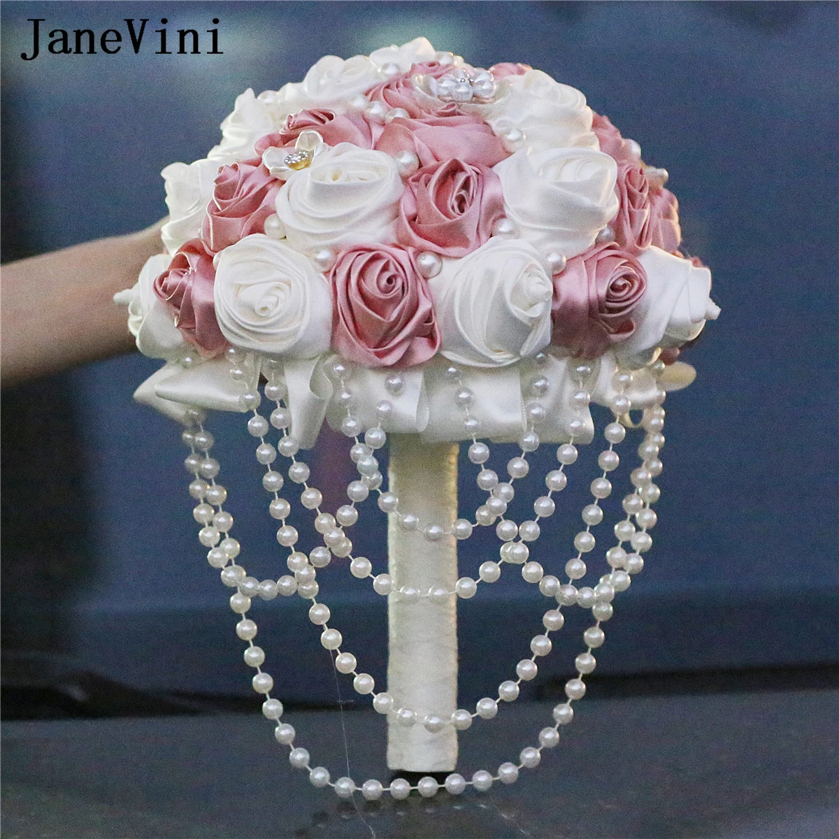 JaneVini Gorgeous Blush Pink Bridal Bouquets for Wedding Pearls Tassel Beaded Bride Flowers Satin Bouquet Ramo De Novia Vintage