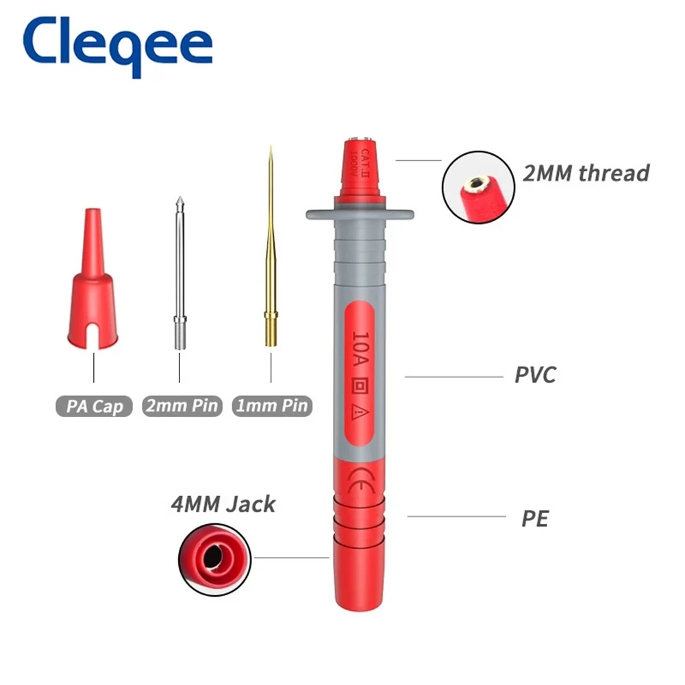 Cleqee bolígrafo de sonda de prueba de multímetro P8003 con agujas afiladas reemplazables chapadas en oro de 1mm + bolígrafo de prueba multiusos de