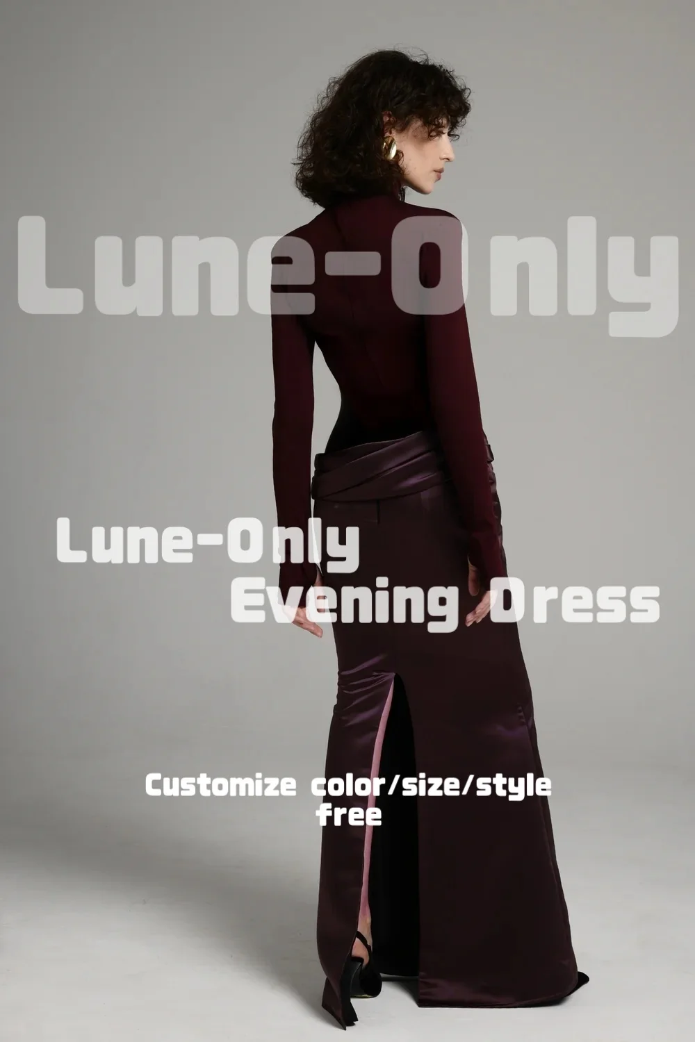 Customized Burgundy Purple Slim Fit Simple Women Evening Dresses Long Sleeve Elegant Party Gown Back Slit Prom Formal Dress