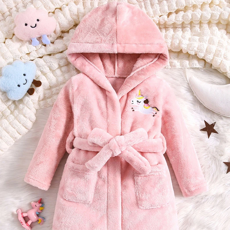 Kids Unicorn Hooded Robe, Warm & Lightweight Flannel Cozy Fleece Bathrobe, Vivid Pattern Thickened Thermal Loungewear For Baby