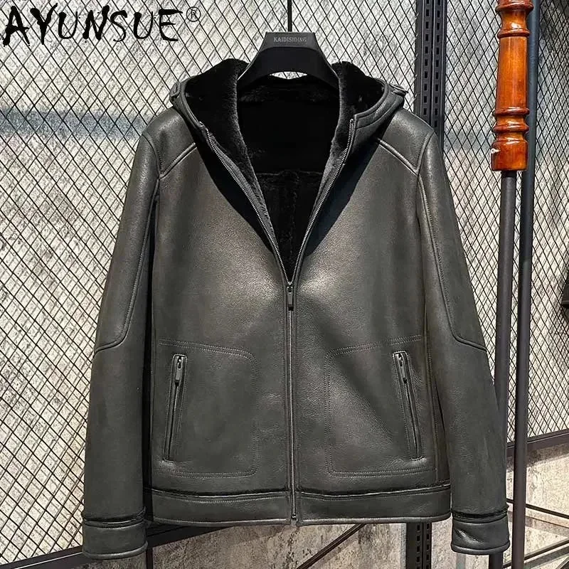 AYUNSUE Thickened Natural Fur Coat Men Winter Jacket 2025 Genuine Sheepskin Leather Jackets Mens Clothes Hood Coats Abrigos SGG