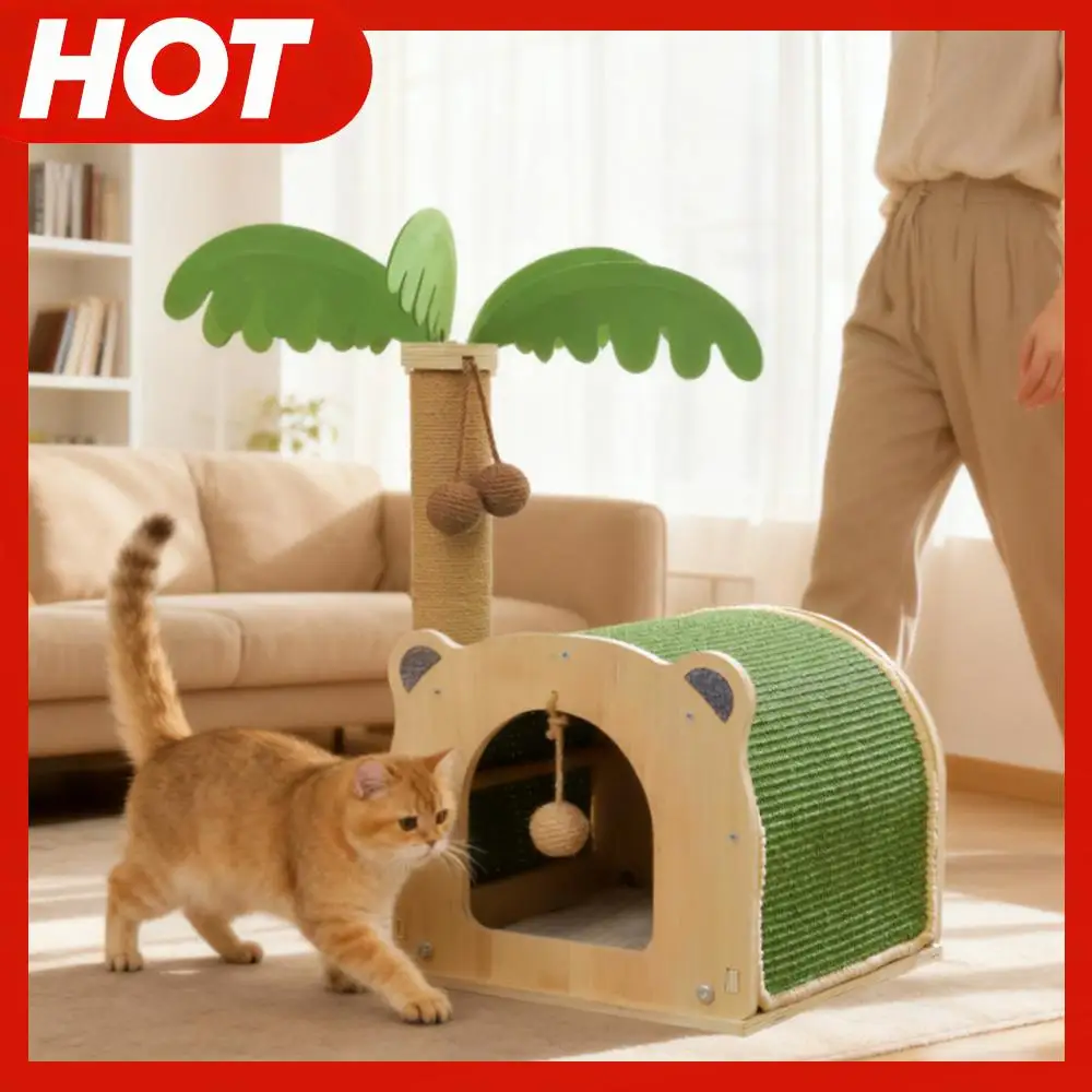 

Деревянная когтеточка-кокосовая пальма с подвесными шариками и интерактивным домиком для кошек и котят