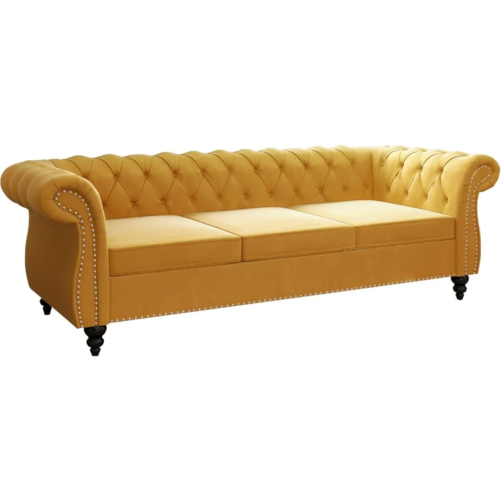 Sofa Chesterfield Velvet, nowoczesna kanapa pikowana 3-osobowa ze zwijanymi ramionami i gwoździem do salonu, sypialni, biura, mieszkania