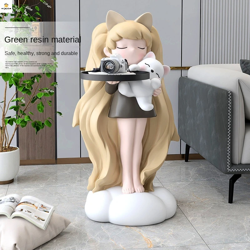 

Nordic Long Hair Girl Tray Floor Decoration Home Sculptures and Statues Decorative Accessories Living Room Resin Animal Statues