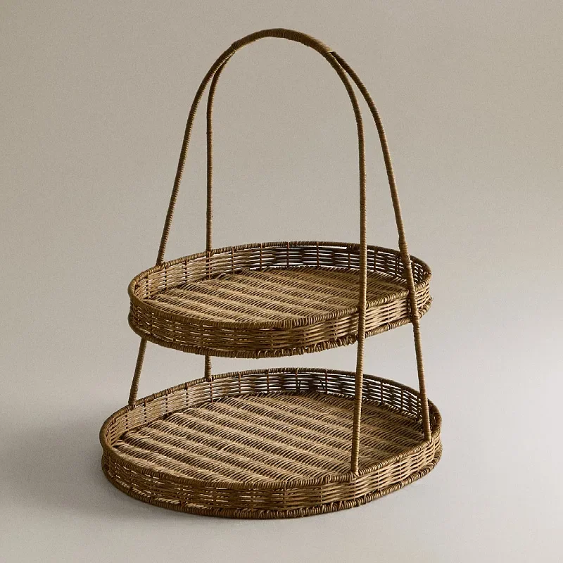 Natural Rattan Woven Basket Double Layer Snack Tray for Hot Pot Bread Fruit Tea Display Storage Organizer Home Kitchen Decor
