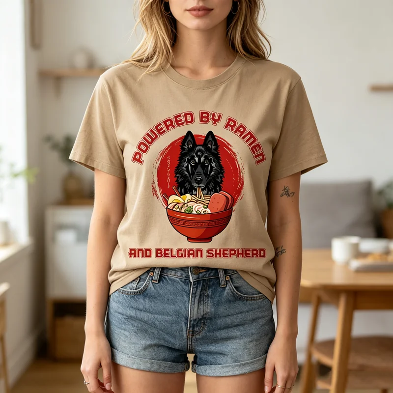 Vintage Belgian Shepherd Ramen Tee Cute Dog Ramen Print Men Women Cotton Short Sleeve Trendy Streetwear Gift For Dog And Food