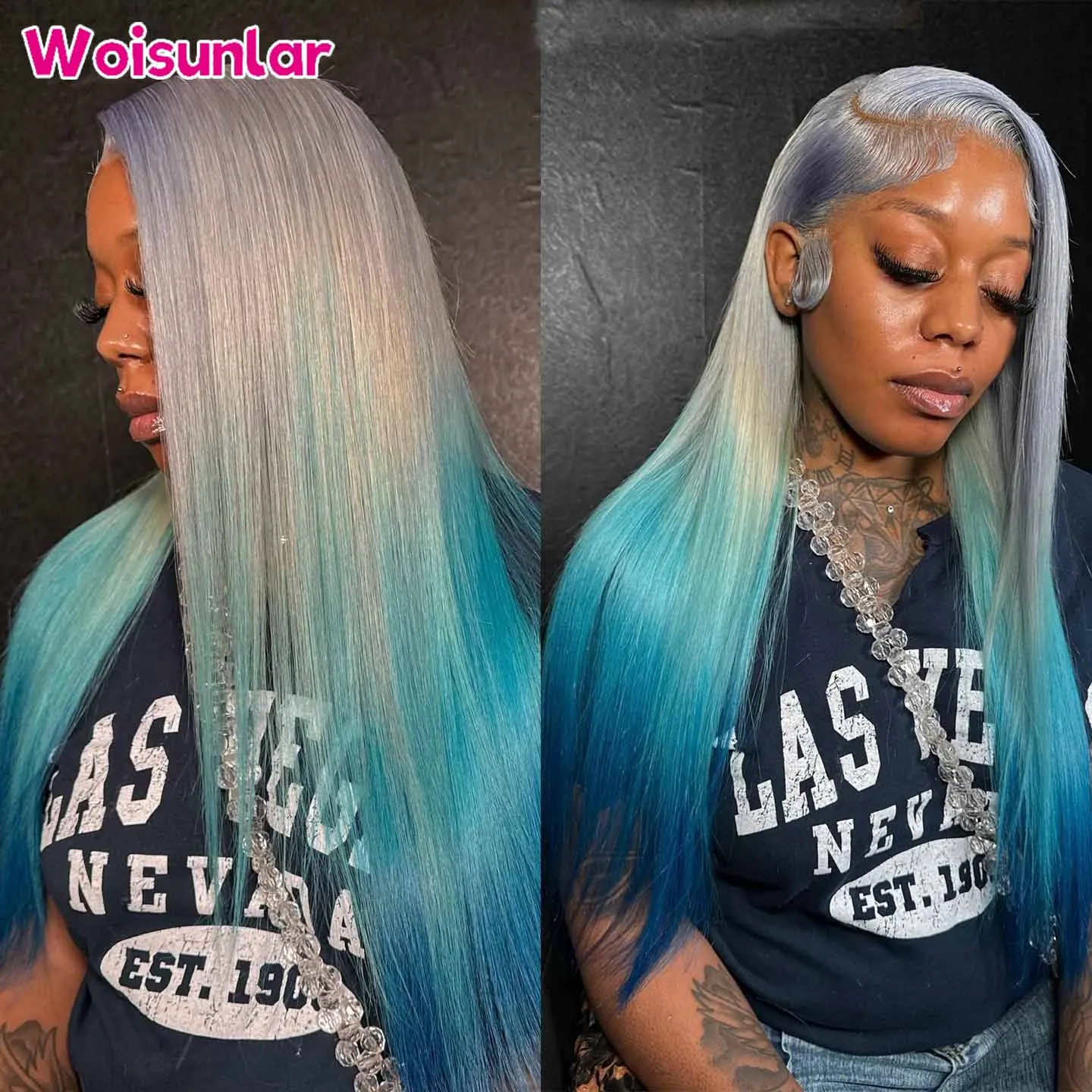 613 Ombre Silver and Blue Straight 13x6 Lace Frontal Human Hair Peruki dla czarnych kobiet Ludzkie włosy 4x4 Lace Closure peruka 36 32 cale