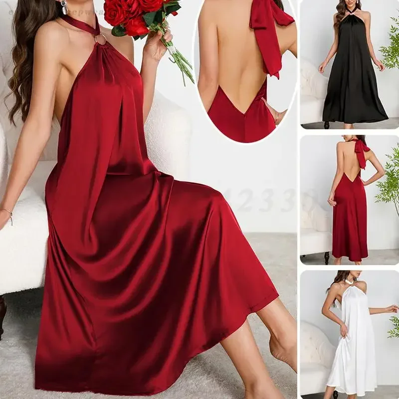 

Morning Robe Sexy Long Silk Satin Sleepwear Chemise Nightgown Black Halter Backless Nightdress Light Luxury Evening Home Dress