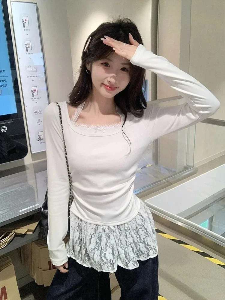 Sweet Lace Neck Hanging Long Sleeve T-Shirt Design Slimming Inner Wear Top False Two-Piece Polyester Fiber High Waist Commute