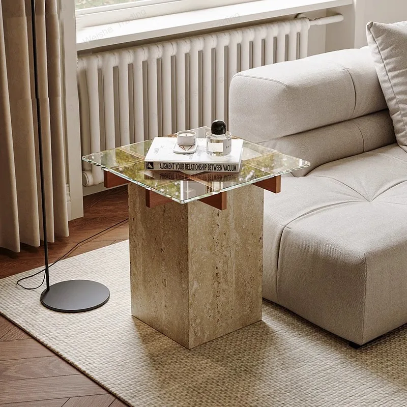 Wabi Sand Wind Marble Travertine Side Table Living Room Sofa Side Table Mobile Small Coffee Table