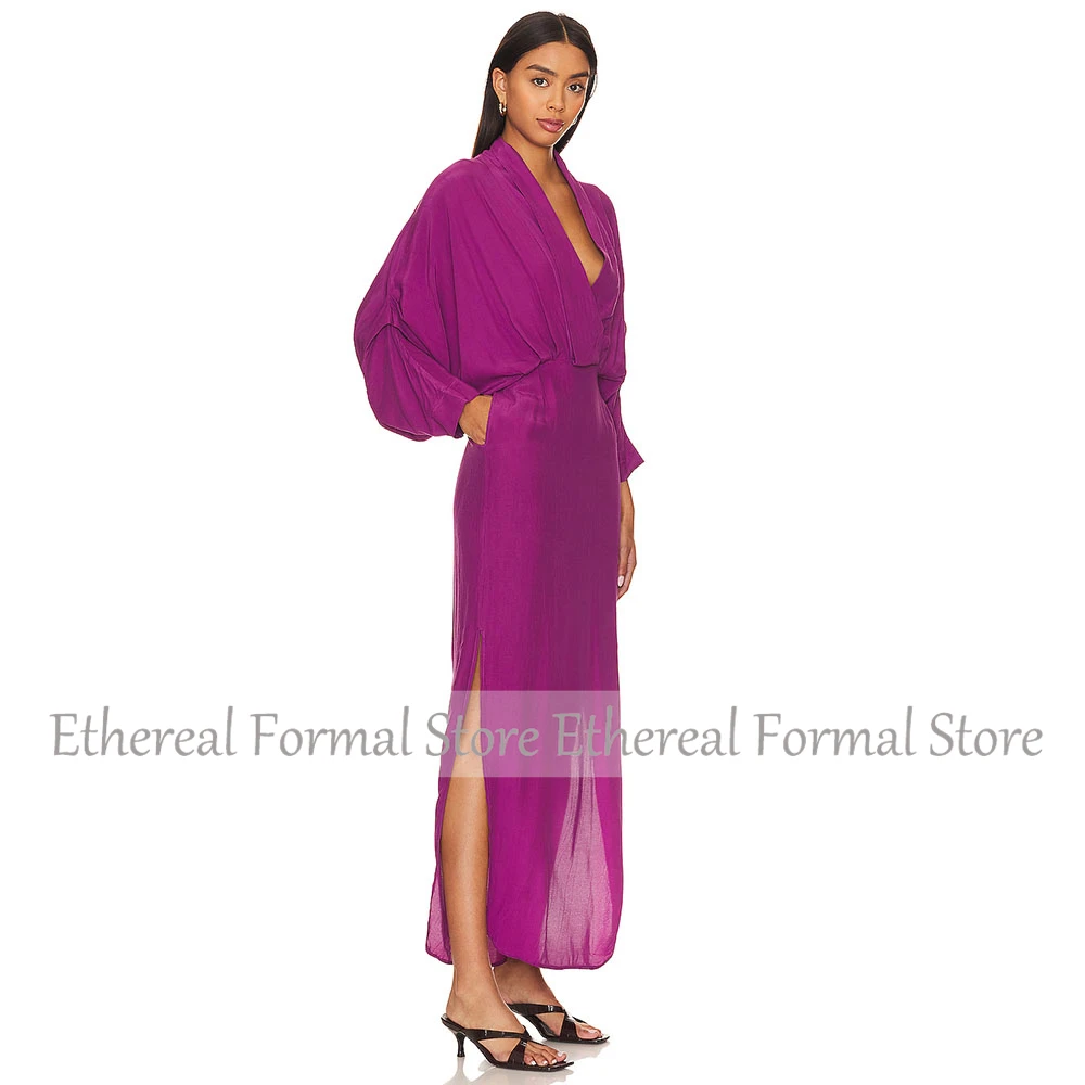 Vestido de noche fucsia moderno, mangas de murciélago 3/4, vestido de fiesta hasta el tobillo, vestido de fiesta Formal de gasa con bolsillo