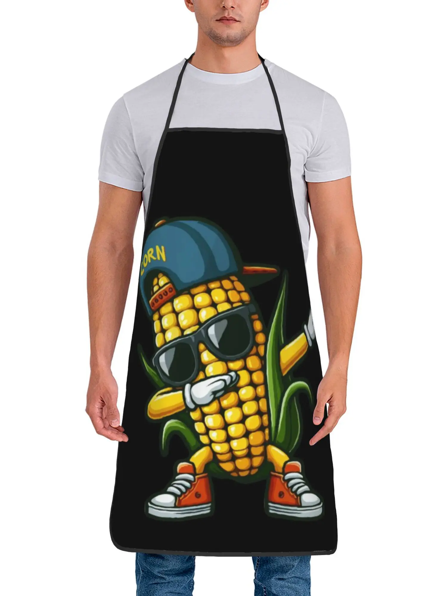 

Cool Corn Dabbing Apron – Animated Character in Cap & Sunglasses, Black Background, Polyester, Unisex, No Pocket
