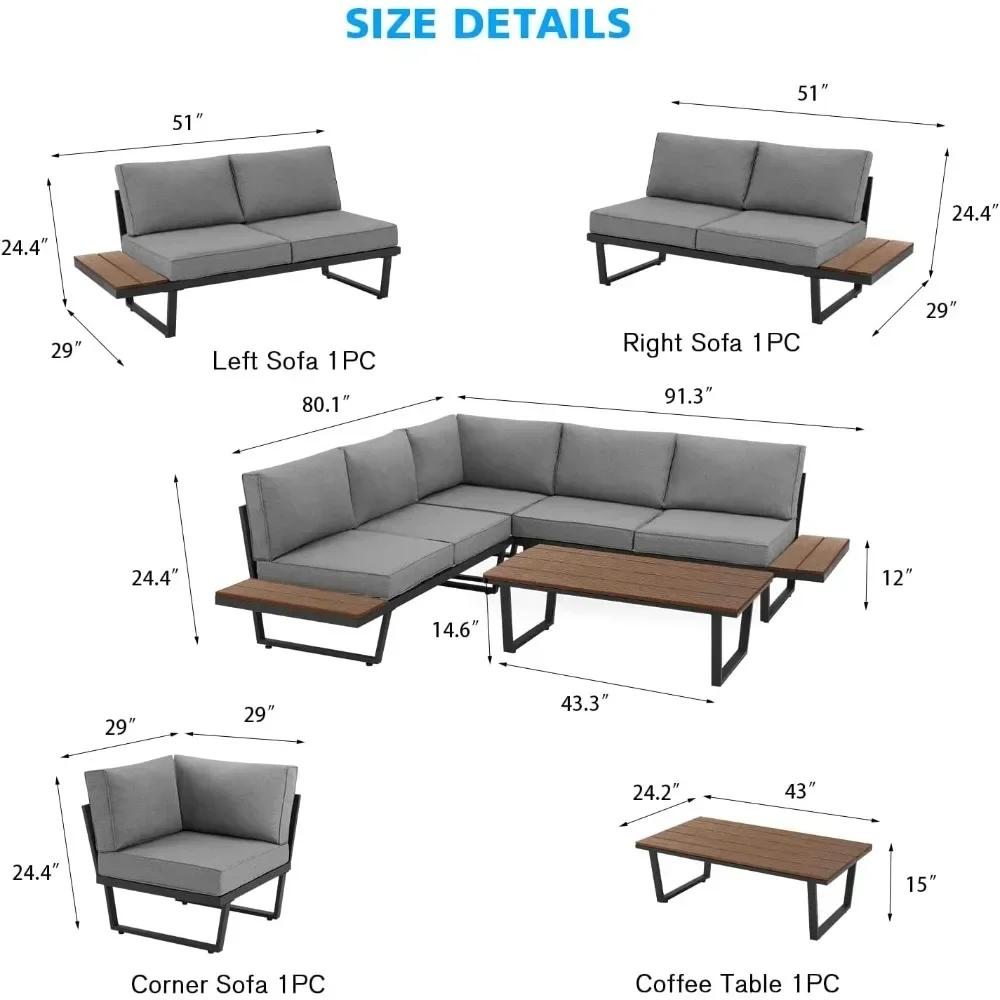 4 Pieces Outdoor Sectional Sofa Set with Coffee Table, 91''×91''Extra Large L-Shaped Metal Conversation Set with Weather Cushion