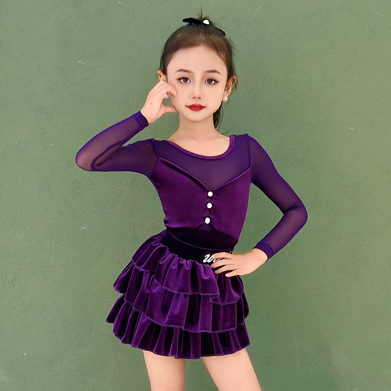 여자를위한 새로운 보라색 라틴 댄스 슈트 경쟁 성능 의류 긴 소매 바디 슈트 케이크 스커트 라틴 댄스웨어 VDL4297