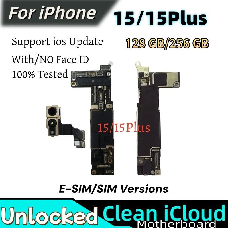 Tested For iPhone 15 Plus Motherboard Unlocked With/NO Face ID Support Update Logic Board Clean ICloud 128GB 256GB Mainboard