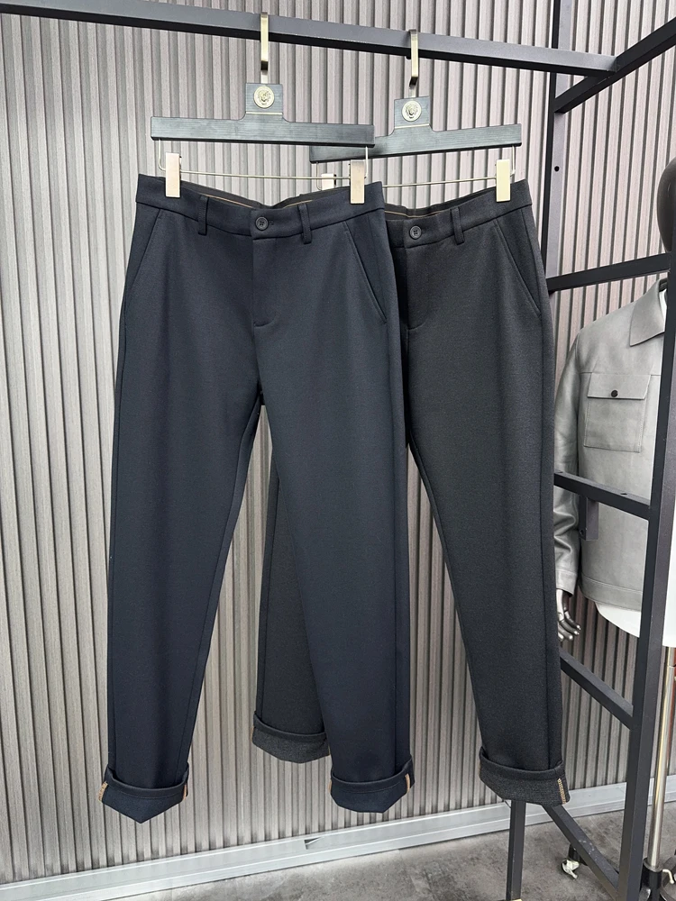 

Мужские облегающие шерстяные прямые брюки, осень-зима, теплые повседневные брюки с 3D пошивкой, однотонные модные городские брюки...