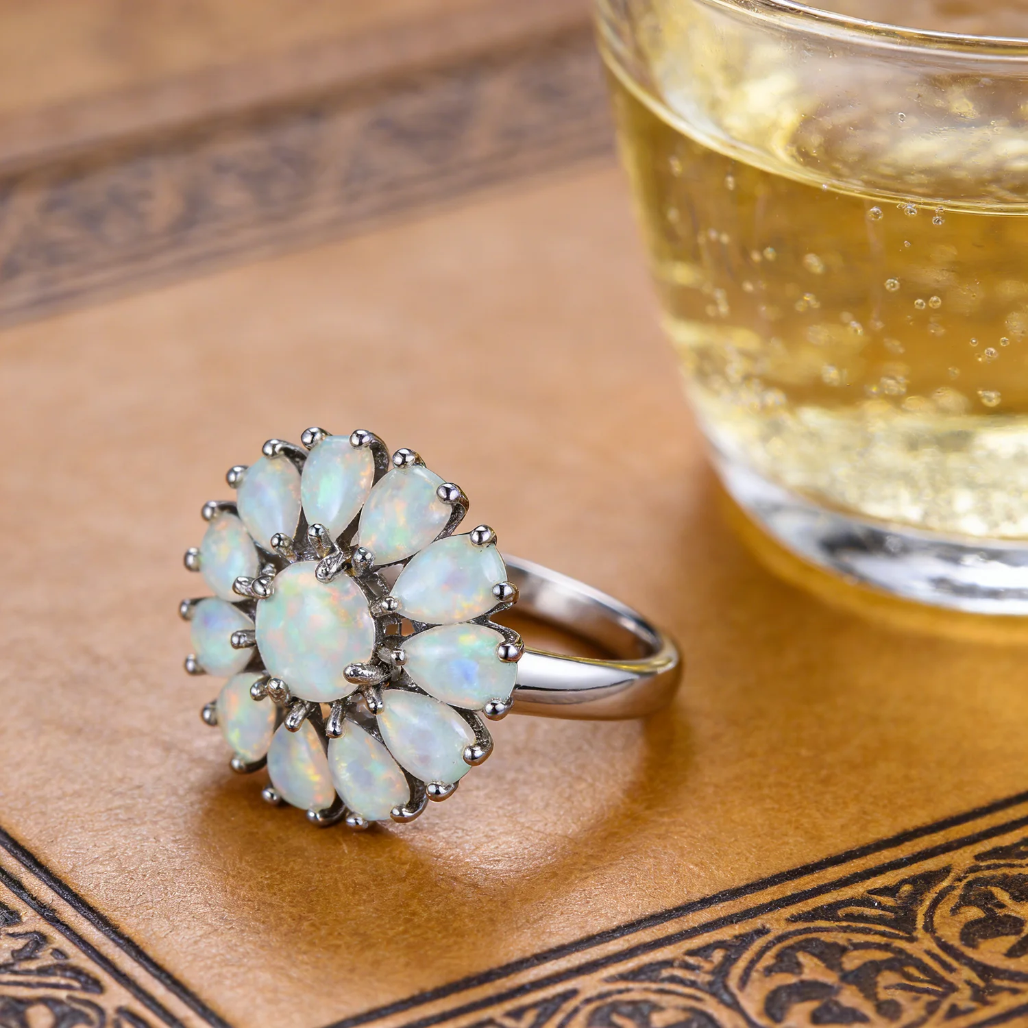 Luxury Flower Cocktail Ring with Real Fire Opal & Pink Gems Copper-Based Elegant Trendy Fashion Jewelry for Women