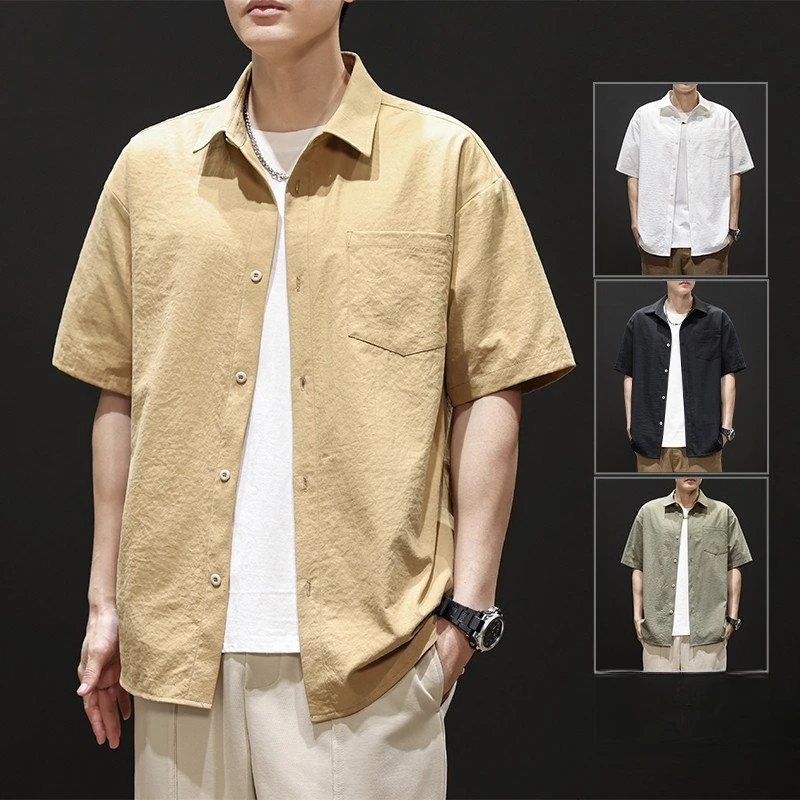 

Summer Men's Short Sleeve Shirts Korean Fashion Solid Color Oversized T Shirts Breathable Loose Youth Basic Pocket Shirts Man