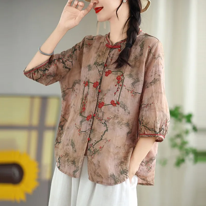 Chinese Style Women Summer Casual Shirt New Arrival 2024 Vintage Style Floral Print Loose Female Half Sleeve Tops Shirts W3899