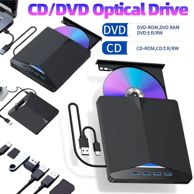 

7-в-1 USB3.0 Type-C Внешний мобильный привод CD DVD RW Оптический привод Портативный проигрыватель считывателей для Windows 11/10/8/7/Linux/OS