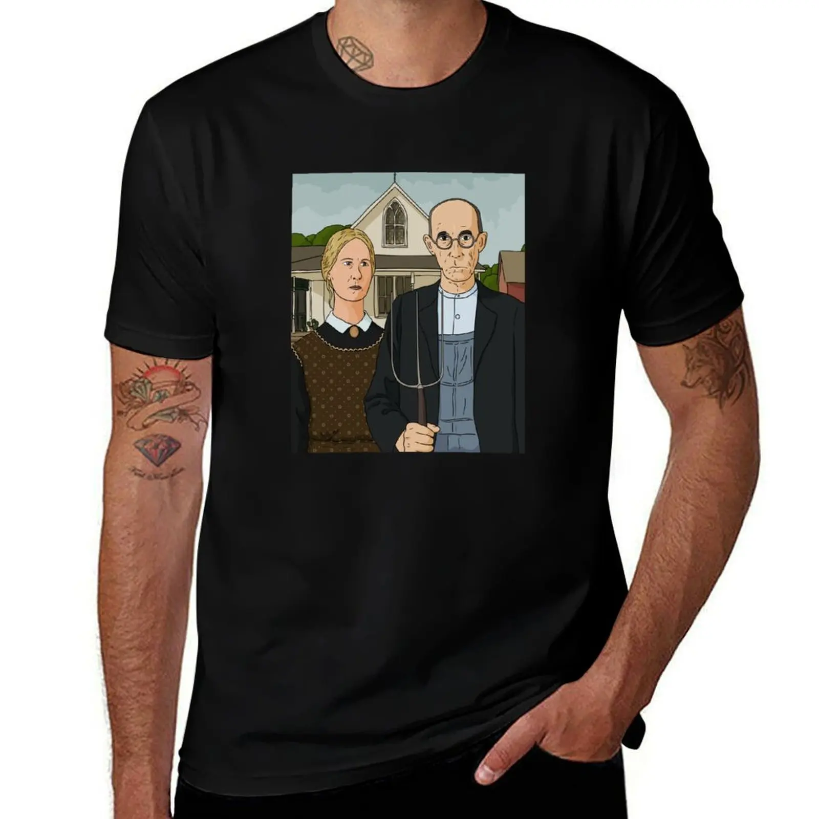 Grant Wood American Gothic Painting Vector art T-Shirt Basic Breathable Solid Color T-Shirt