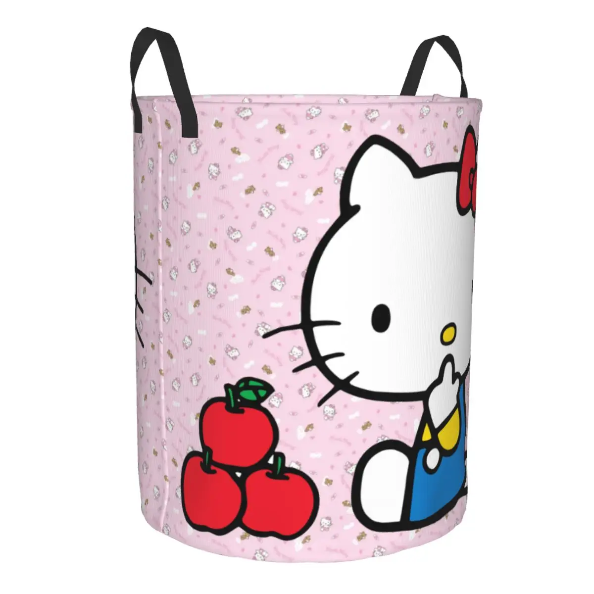 Custom Hello Kitty Enjoys A Delicious Apple Snack Laundry Basket Collapsible Large Clothes Storage Bin Anime Cat Baby Hamper