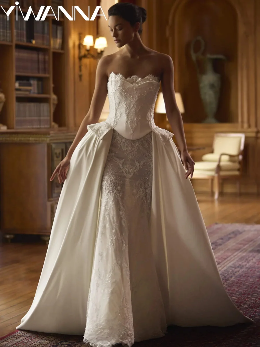 

New Arrival Opulent Lace Wedding Dress Detachable Train Strapless Beaded Bridal Gown Customized Ivory Mermaid Dresses For Bride