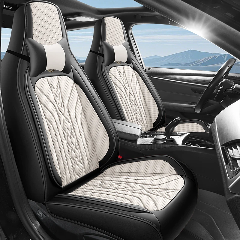 (Comfort Edition) Front Double Seat, Equipped with 2 Comfortable Headrests, Luxurious Nappa Leather Full-Cover Integrated Car Seat Cover, Universal, Comfortable, Breathable, and Wear-Resistant, Suitable for All Seasons, Three-Dimensional Design That Fits the Seat Well, Simple and Luxurious Style, Five-Seat Version with Color Options, Suitable for Sedans, Suvs, Pickup Trucks, and Other Various Models