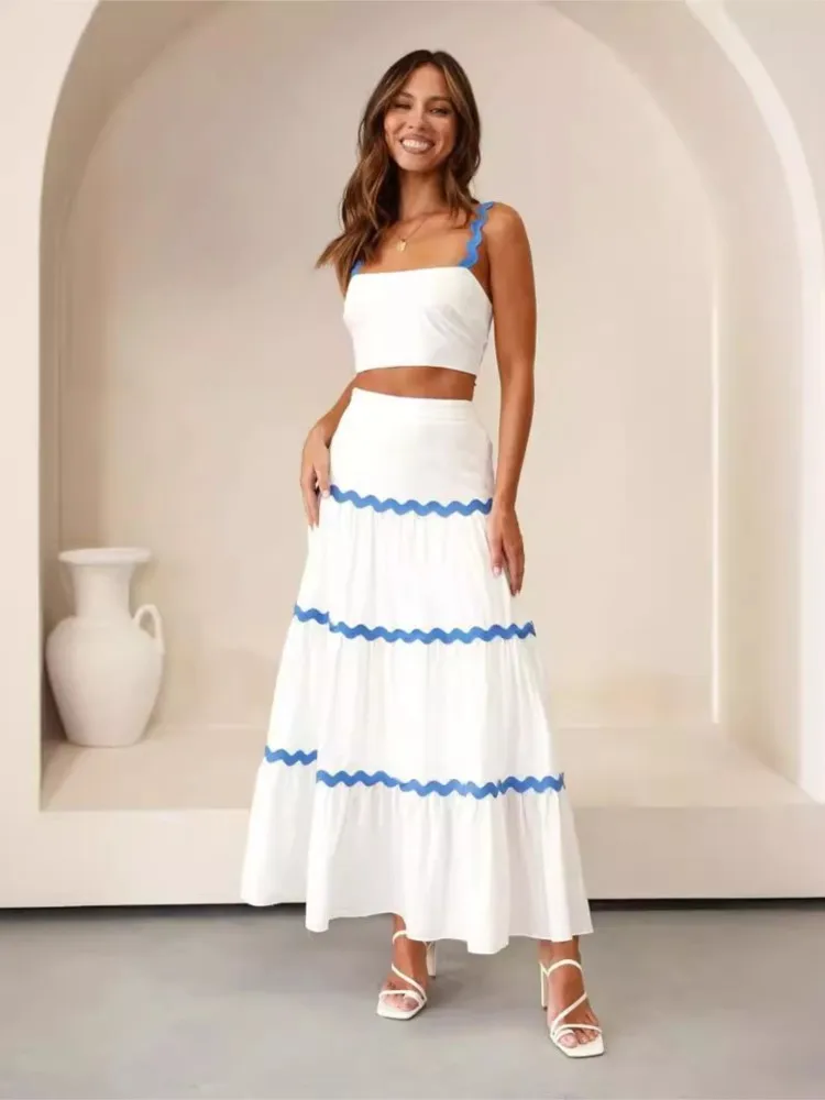 2024 Summer New Solid Color Skirt Two Piece Set Women Cropped Wave Camisole A-line Skirts Sets Fashion Trendy Streetwear Female