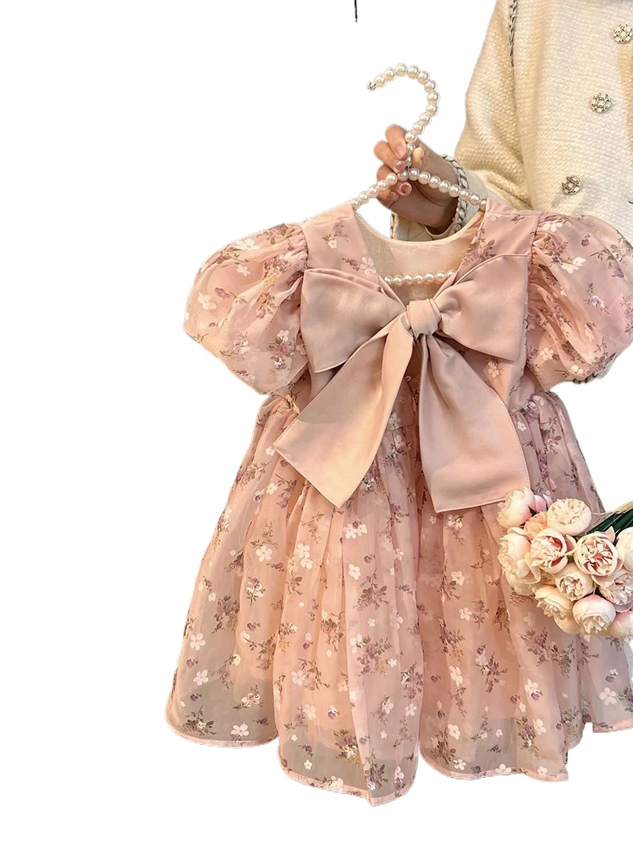 Girls Puff Sleeve Princess Dress Children Summer 2024 New Sweet Lovely Floral Print Bow O-neck Light Soft Comfort Kids Clothes