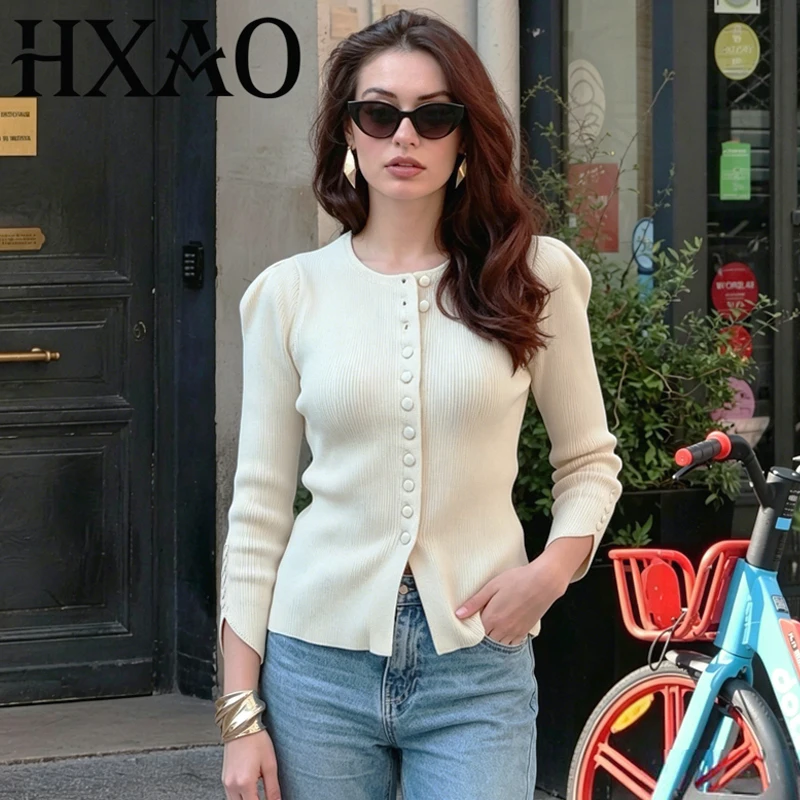 Cárdigan de punto HXAO para mujer, cárdigan ajustado de manga larga para media temporada, Top de punto con botones para mujer, Look elegante de oficina para mujer