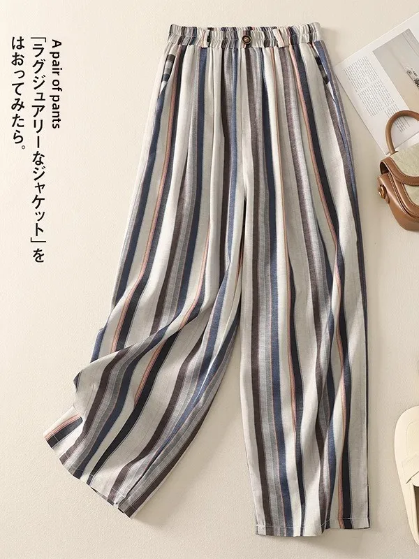 

Широкие брюки с высокой талией в стиле ретро, женские летние тонкие свободные эластичные прямые повседневные брюки с девятью точками в вертикальную полоску