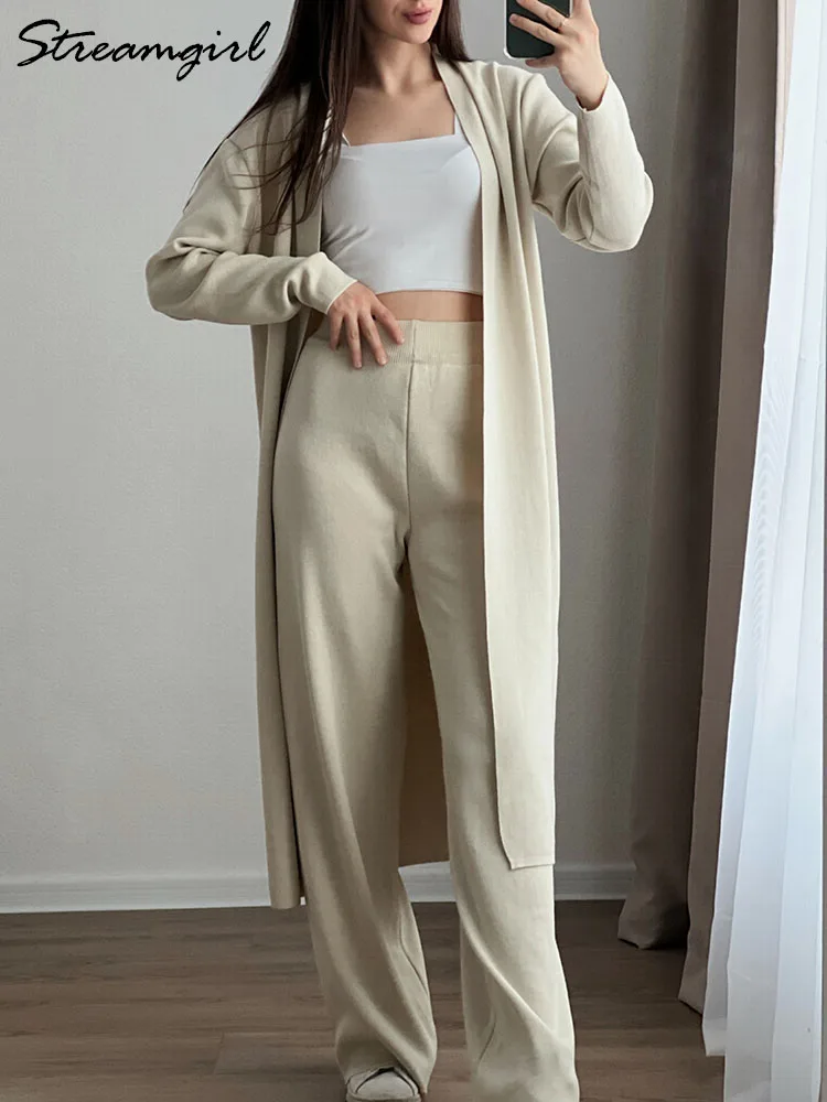 Knitwear 3 Pieces Suit For Women Pants Sets Long Cardigan Jackets Turtleneck Vest Knit Trousers Suit Women 3 Pieces Set Outfit