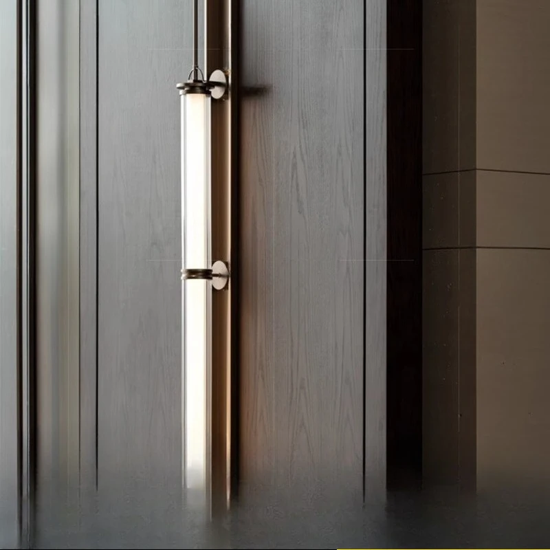 

Modern creative new marble background wall light New Chinese designer hotel aisle cylindrical long pole hanging wall light