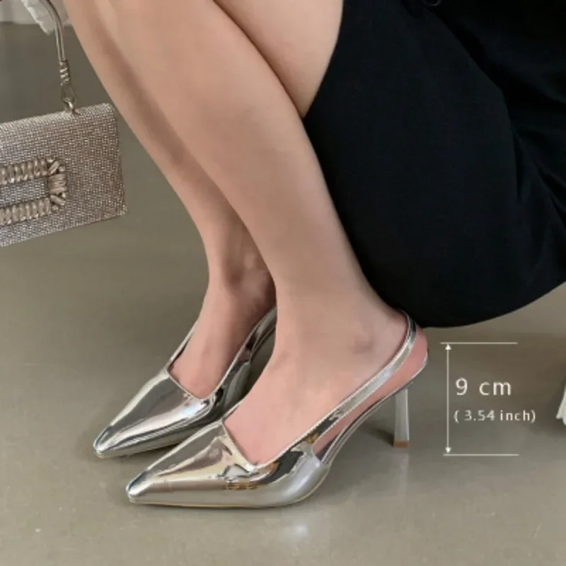 Black Temperament Aristocratic Thin High Heels Sandals for Women Summer Silver Pointed Toe Back Strap Gold Cover Head Party Shoe