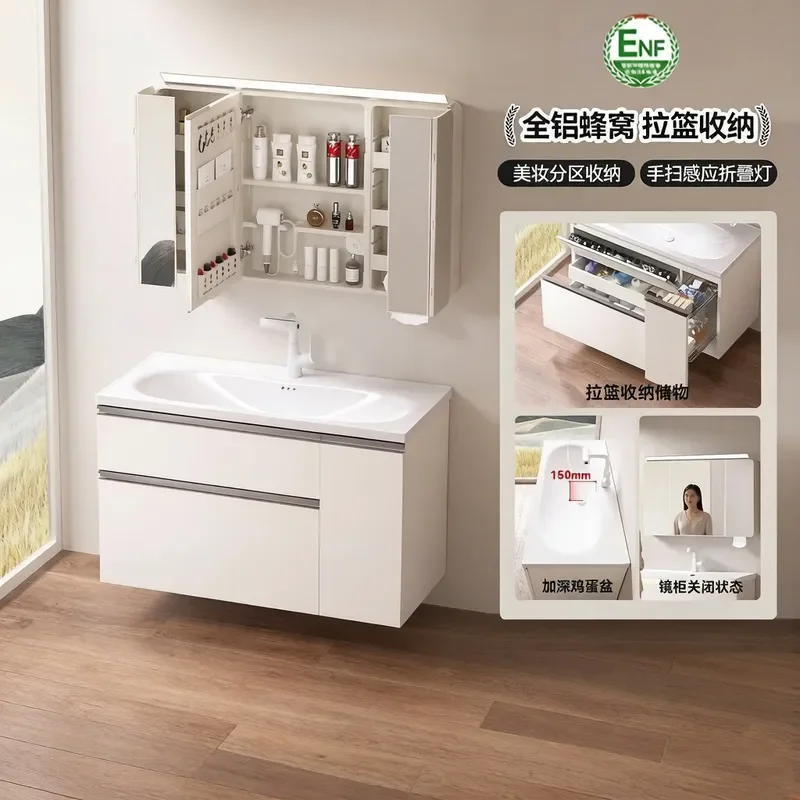 for Xiaohongshu Style Pull Out Basket All Aluminum Bathroom Cabinet with Socket Foldable Storage Adjustable Mirror Cabinet