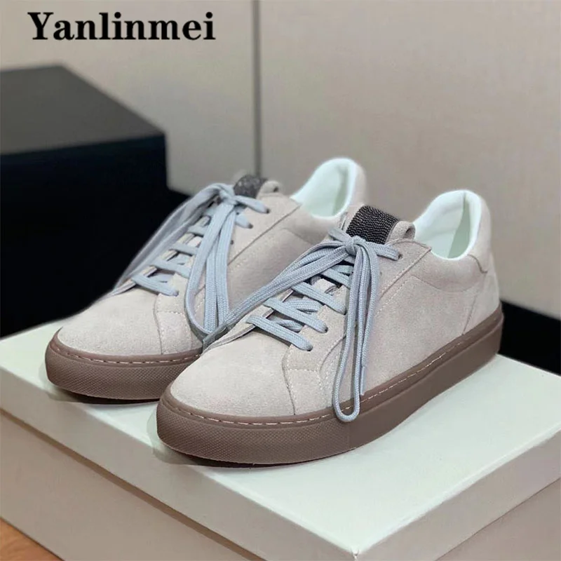 Vendite calde mocassini in pelle scamosciata di mucca donna Lace Up punta tonda scarpe basse Casual String Bead suola spessa all'aperto scarpe da passeggio accoglienti donna