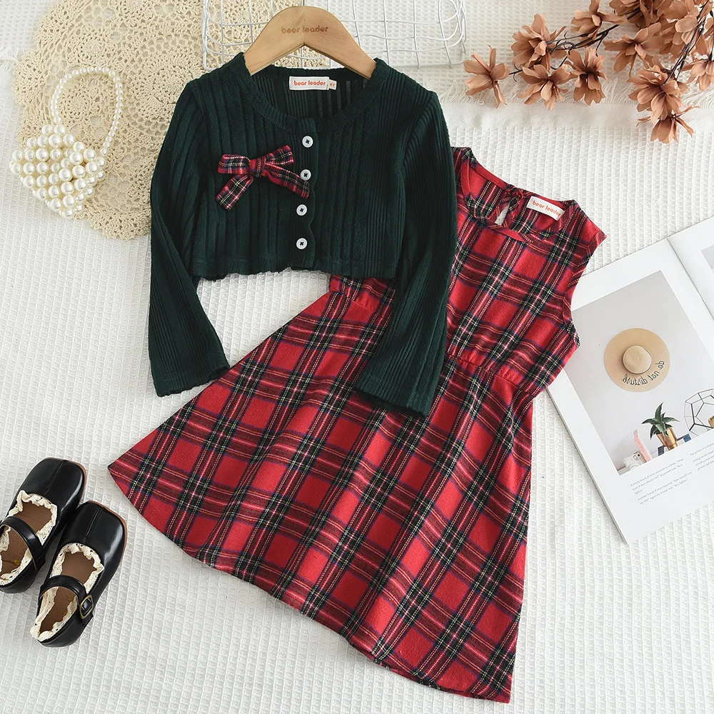 Autumn and Winter Christmas Fairy Tale Style Casual Clothes with Bow Knitted Cardigan and Tank Top Dress Two Piece Set