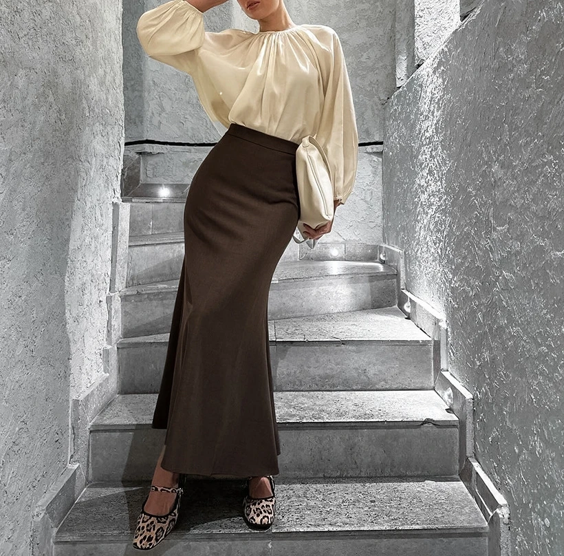 Temperament Commuter High Waist Fashionable Half Skirt Solid Color Hip Wrapping Sexy Slimming Suit Long Skirt for Women