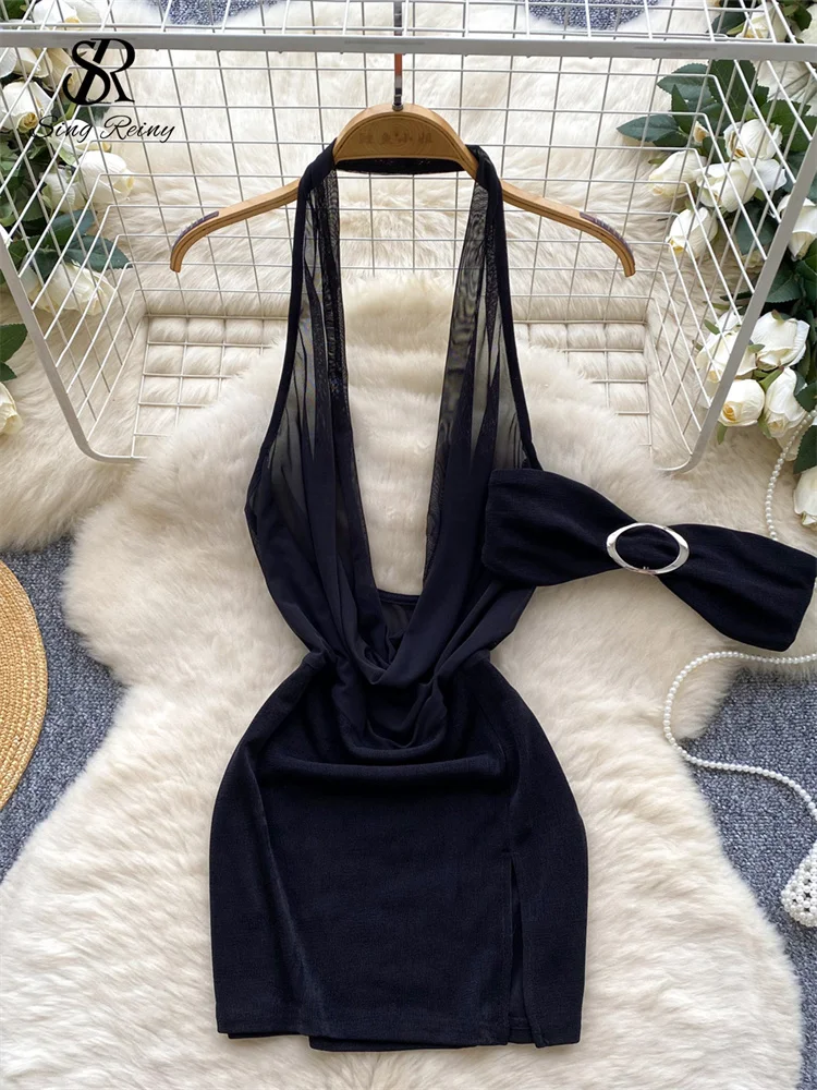 Abito da donna sexy con scollo all'americana trasparente senza schienale Abito tubino trasparente alla moda Abito corto diviso sensuale con fiocco estivo