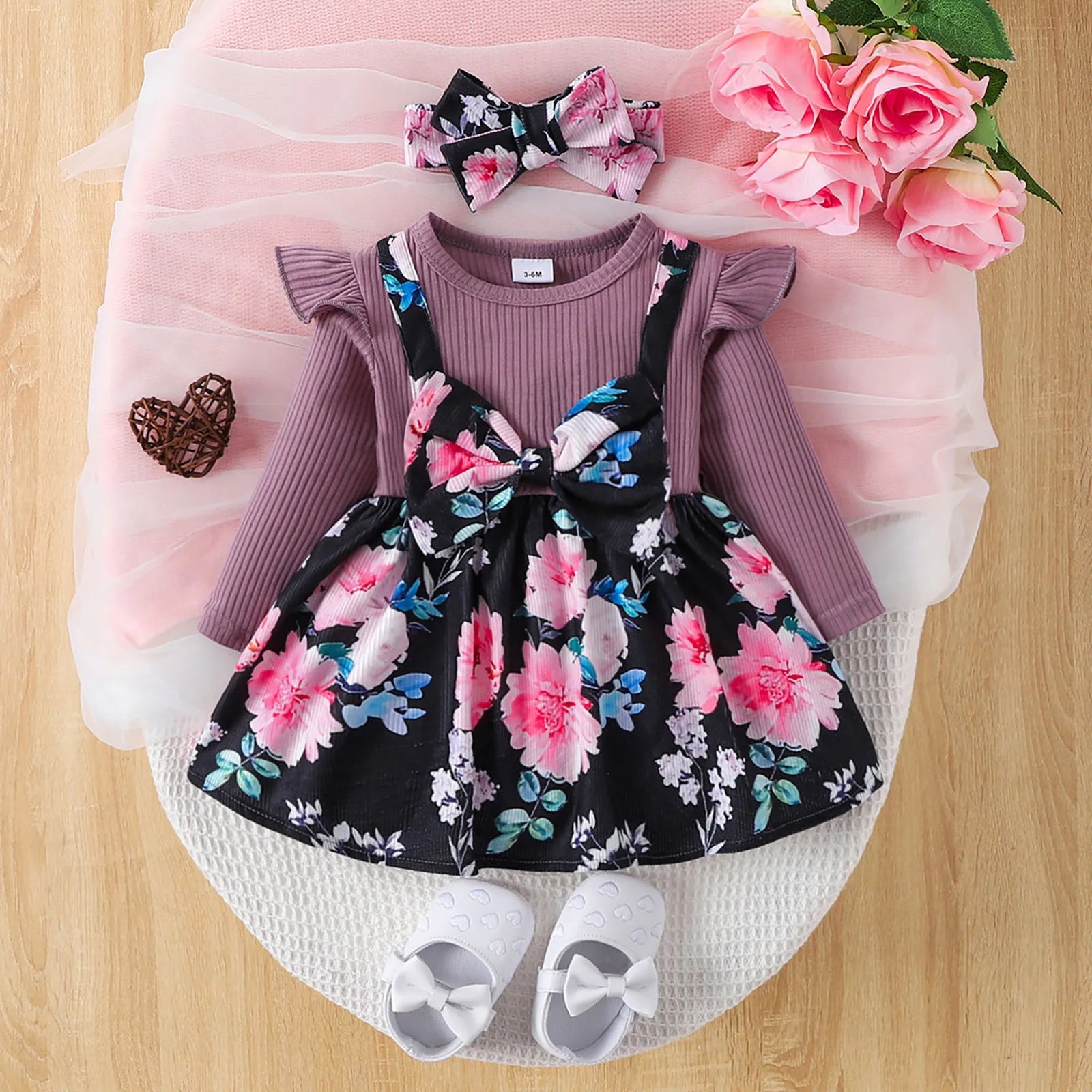 

6M 9M 12M 24M Newborn Baby Girls Dress Butterfly Floral Prints Patchwork Long Sleeve Dress New Year Clothes Cute Dress for Girls