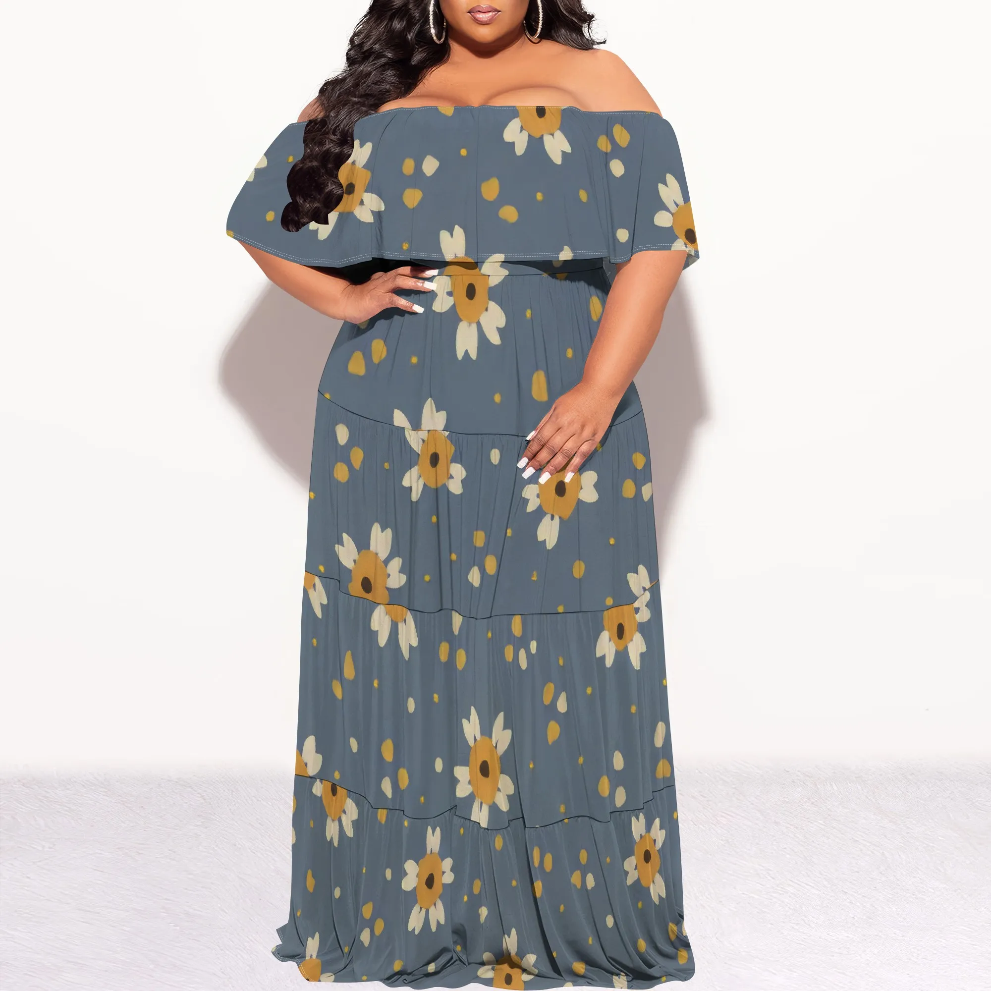 Abito da donna con spalle scoperte Abito lungo da spiaggia casual estivo con stampa floreale hawaiana sexy lungo fino al pavimento