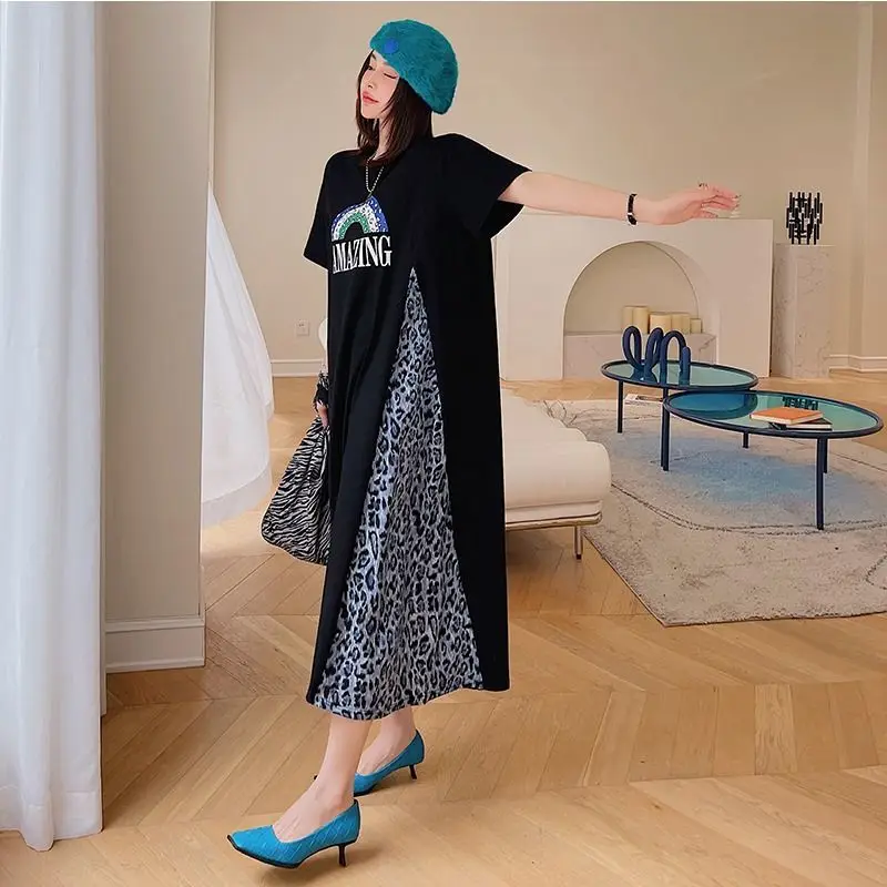T-shirt femme grande taille Maxi Dr imprimé léopard coupe ample ort Sve rond Ne A-Line Silhouette été Faion coréen...