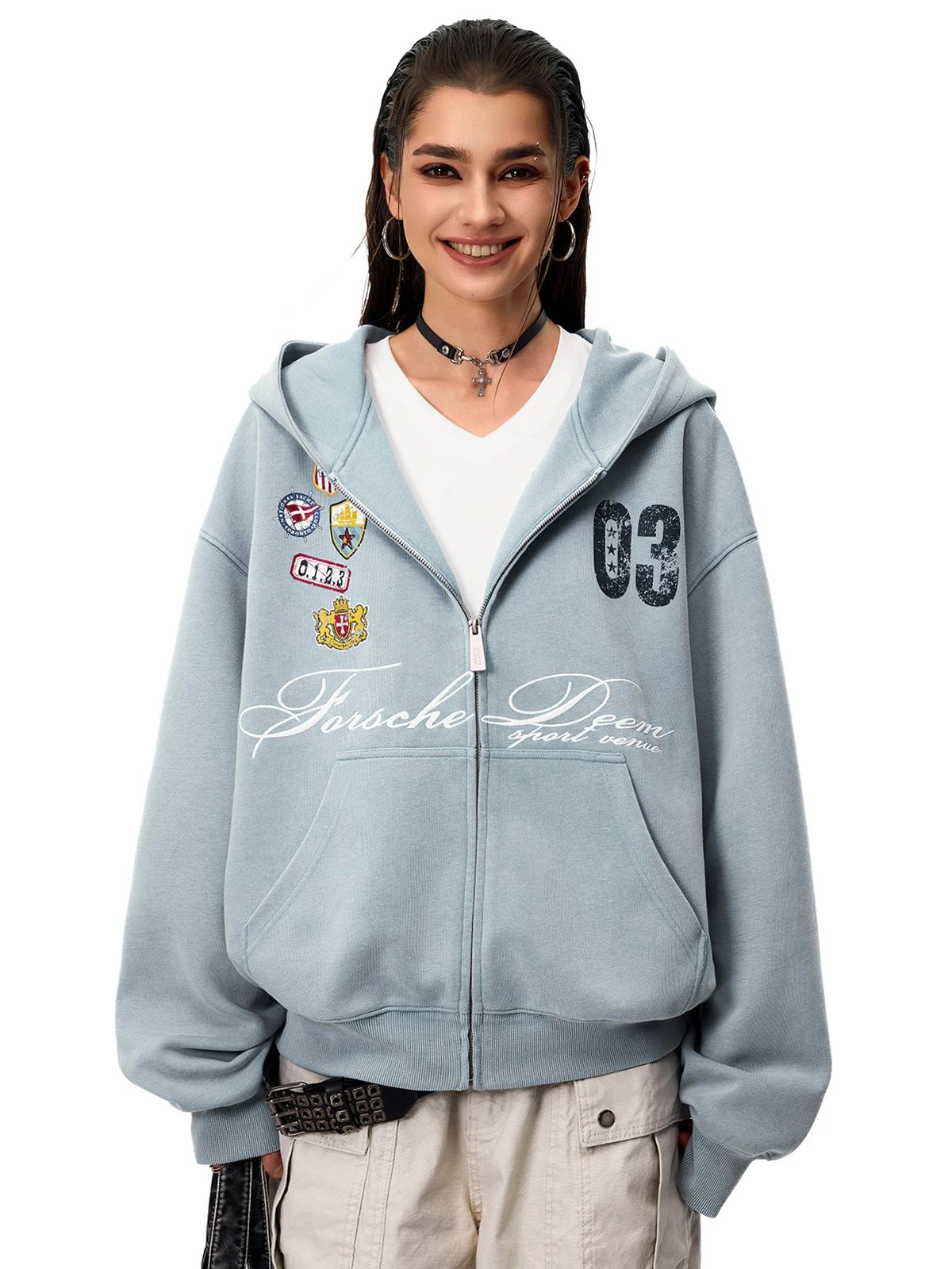 0123Start American Style Embroidered Hoodie Women Loose Vintage Hip Hop Trendy Light Blue Zipper Jacket Ladies Sweatshirt