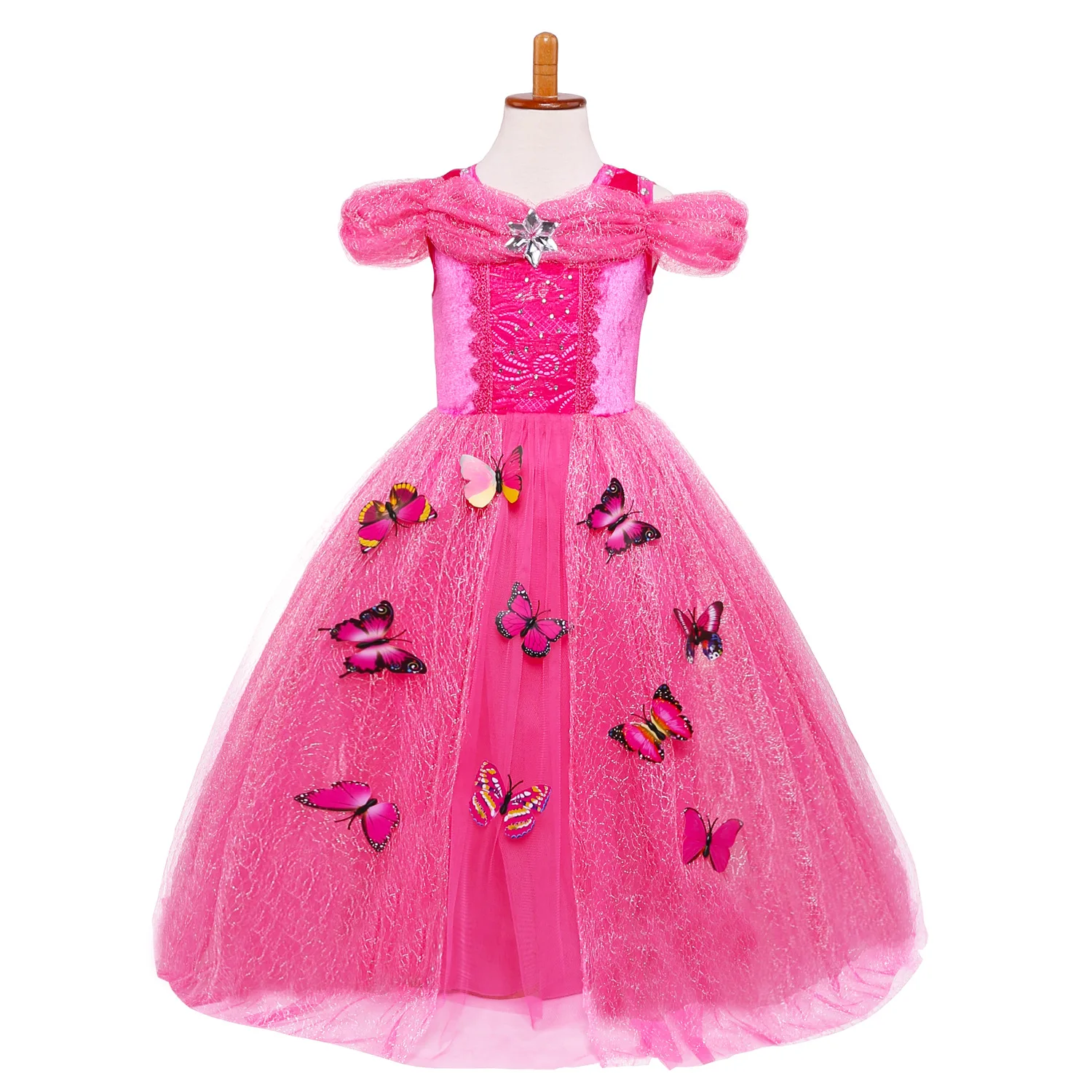 Vestido de fiesta rosa de mariposa para niña, traje de princesa Aurora con hombros descubiertos, juego de rol, belleza durmiente