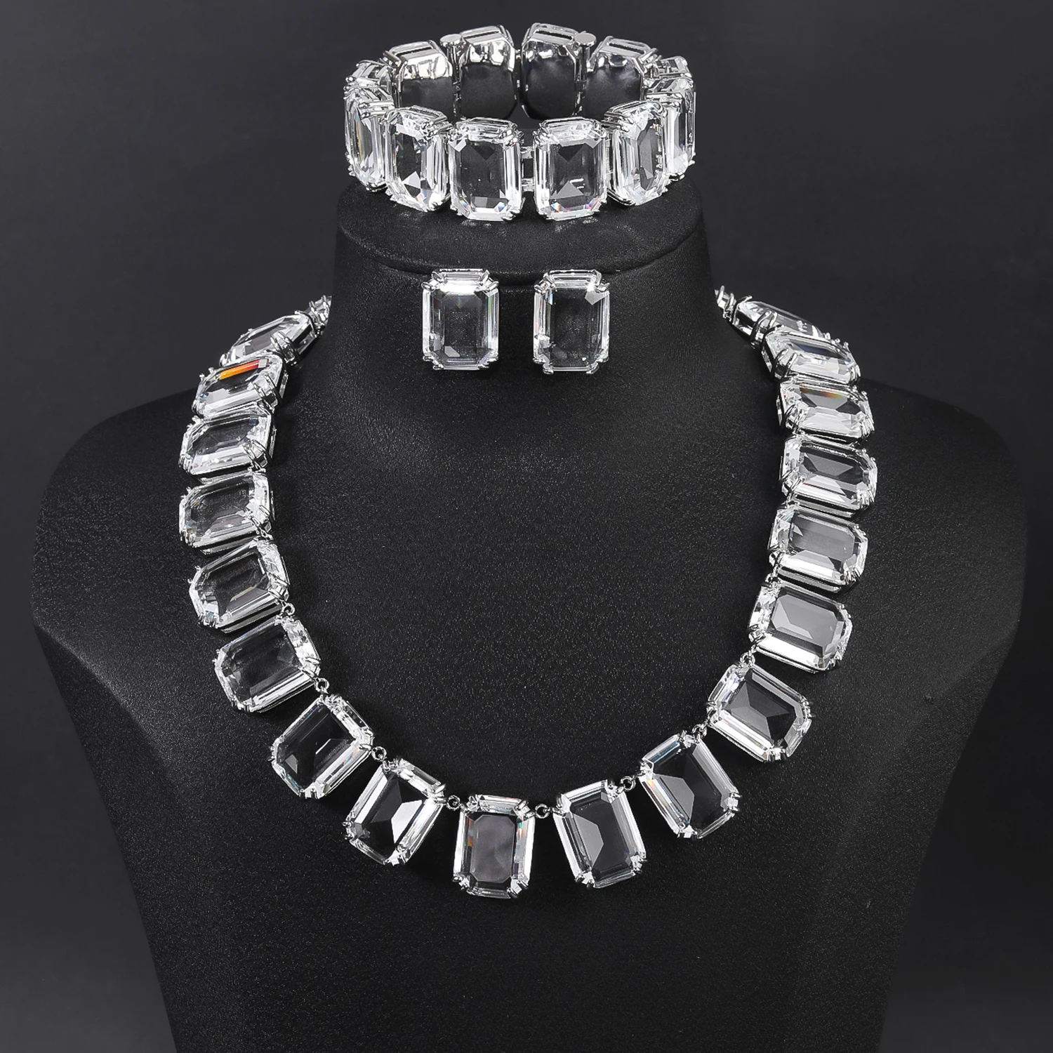 Luxury 3-piece Big Square Cubic Zirconia Necklace Earrings Bracelet Set Bridal Wedding Accessories CN11109T