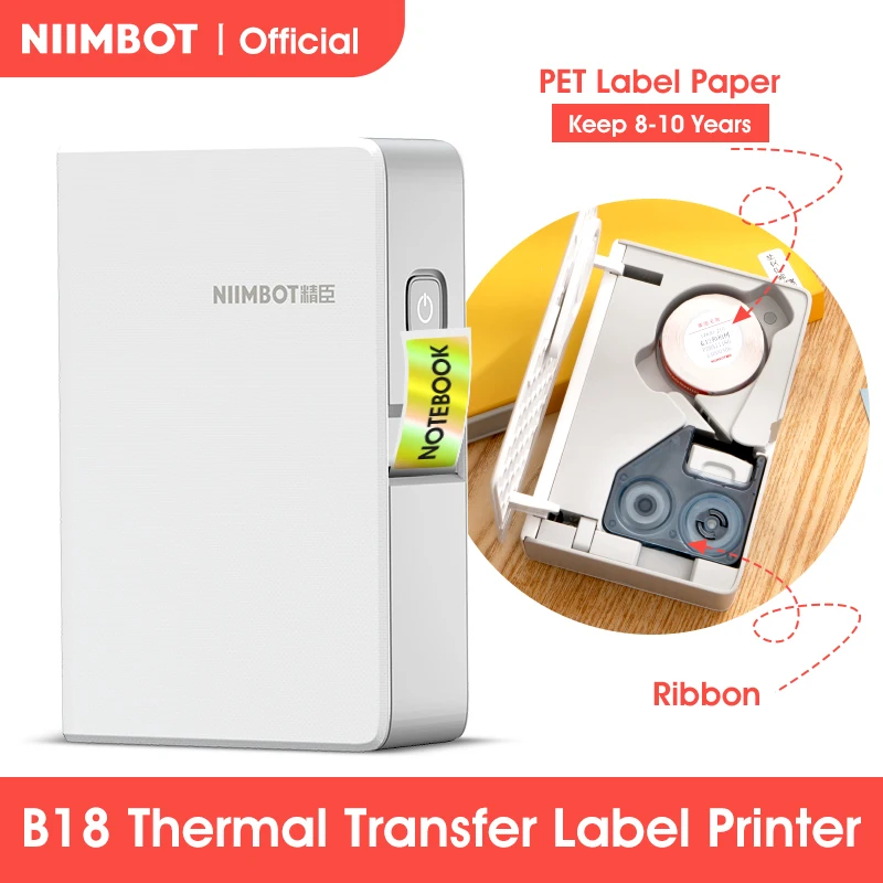 NIIMBOT B18 Mini แบบพกพาเครื่องพิมพ์ Thermal Transfer Pocket Label Maker ยาวริบบิ้นและสติกเกอร์ PET ของขวัญ