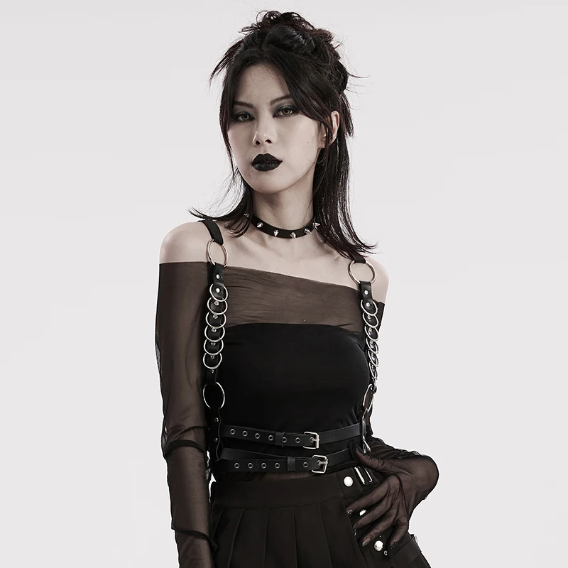 PUNK RAVE Women Punk Black PU Harness Body Belt Multi Metal O-Ring Adjustable Strap Gothic Layering Accessory WS610