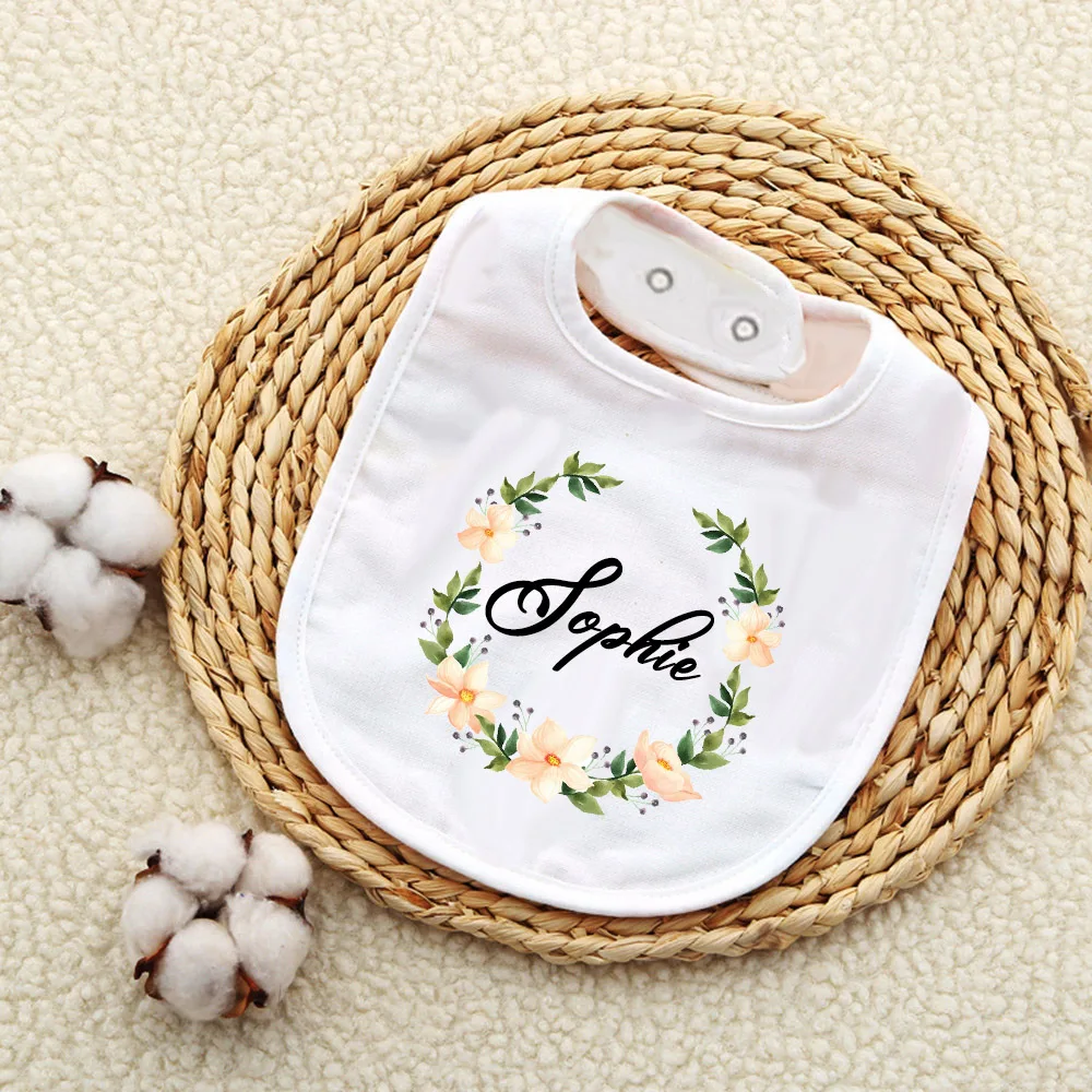 Personalised Baby Bib Custom Wreath with Name Girls Boys Cotton Bibs Newborn Saliva Towel Flower Bib Baptism Infant Shower Gifts