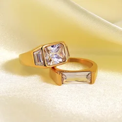 French Romantic Shiny White Square Crystal Zircon Wed Rings Waterproof Stainless Steel CZ Ring 18K Gold Plated Jewelry Gift New